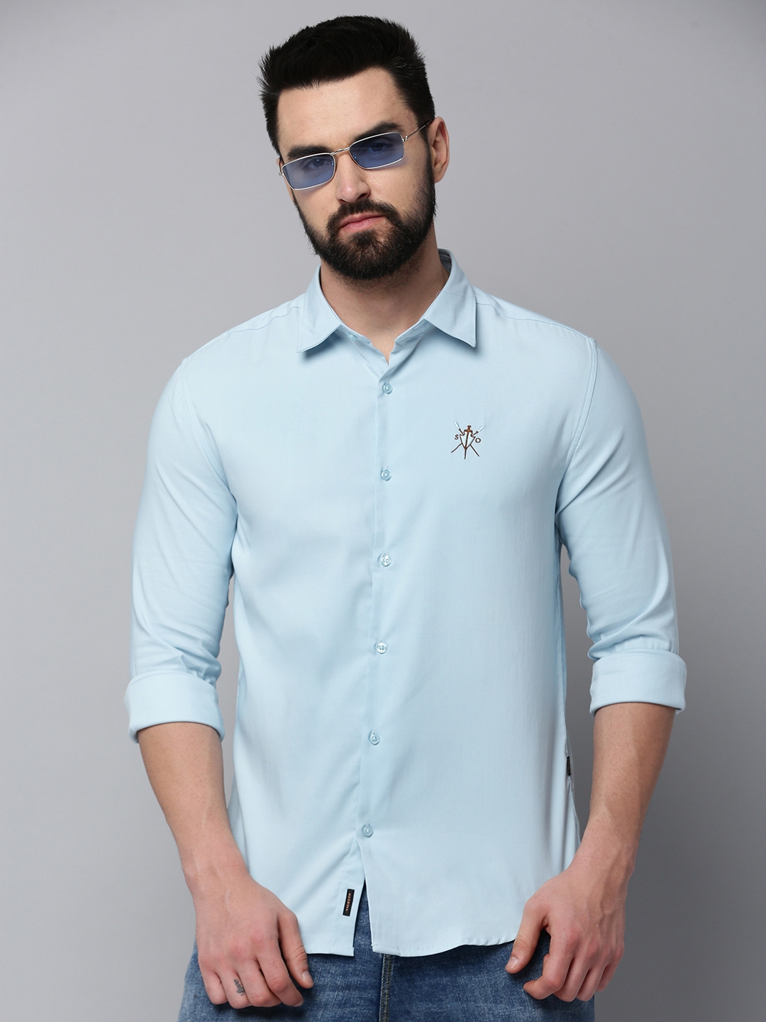 SHOWOFF Men's Spread Collar Long Sleeves Solid Blue Shirt