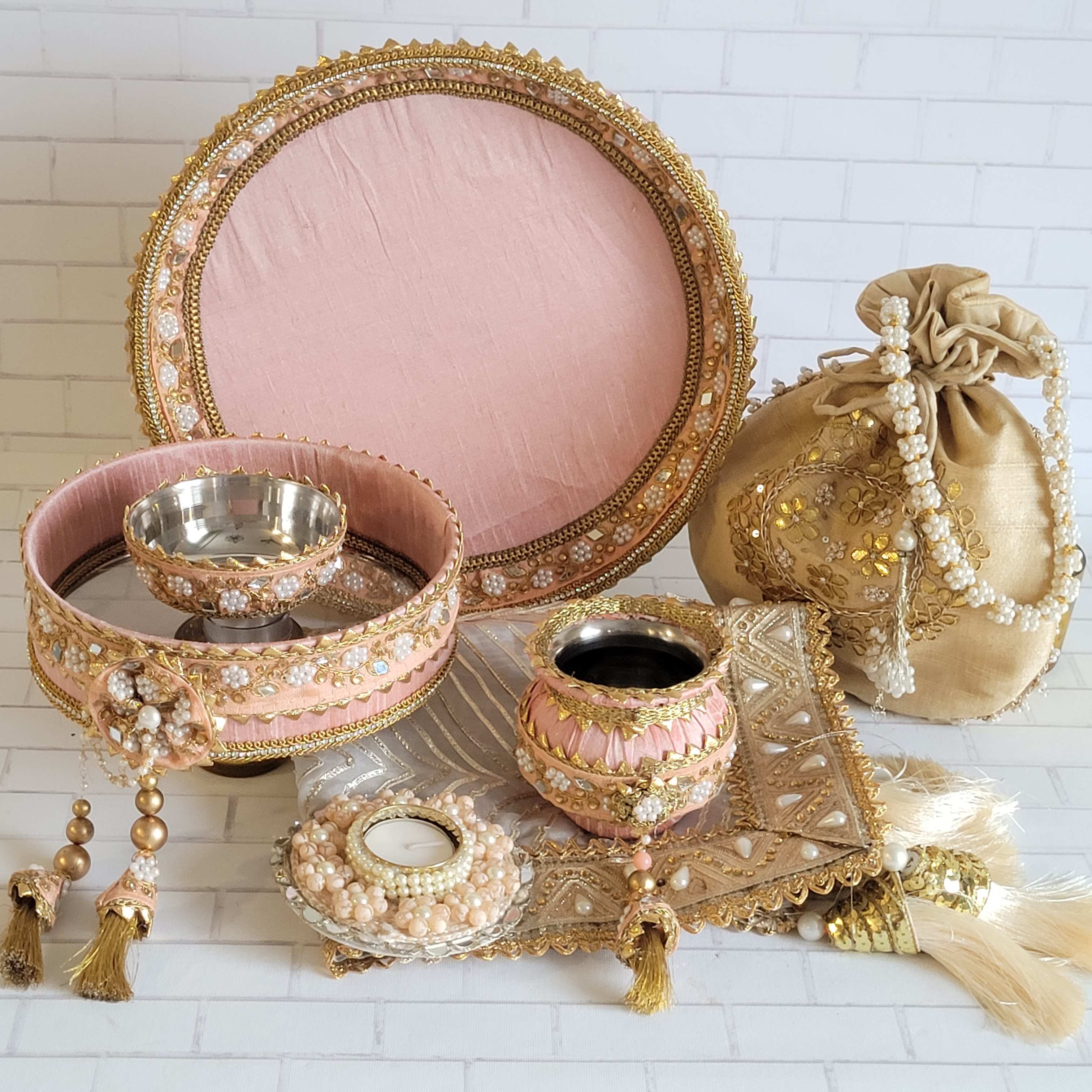 Peach Gold Pearl Karva Chauth Thali Set