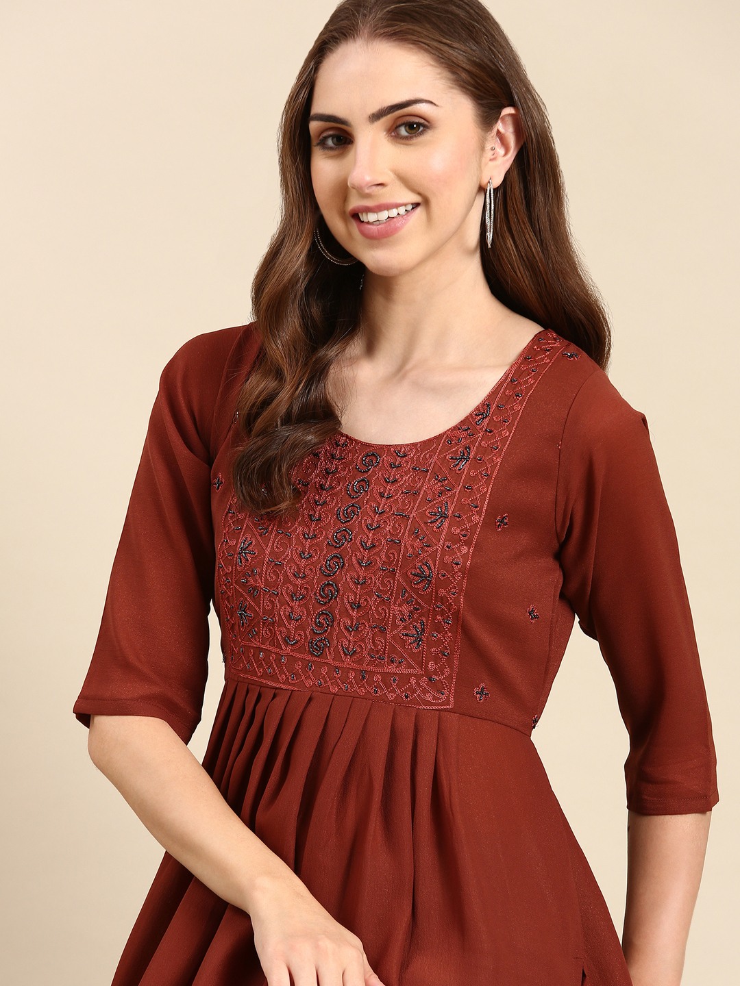 SHOWOFF Women's Scoop Neck Embellished Brown Anarkali Kurta