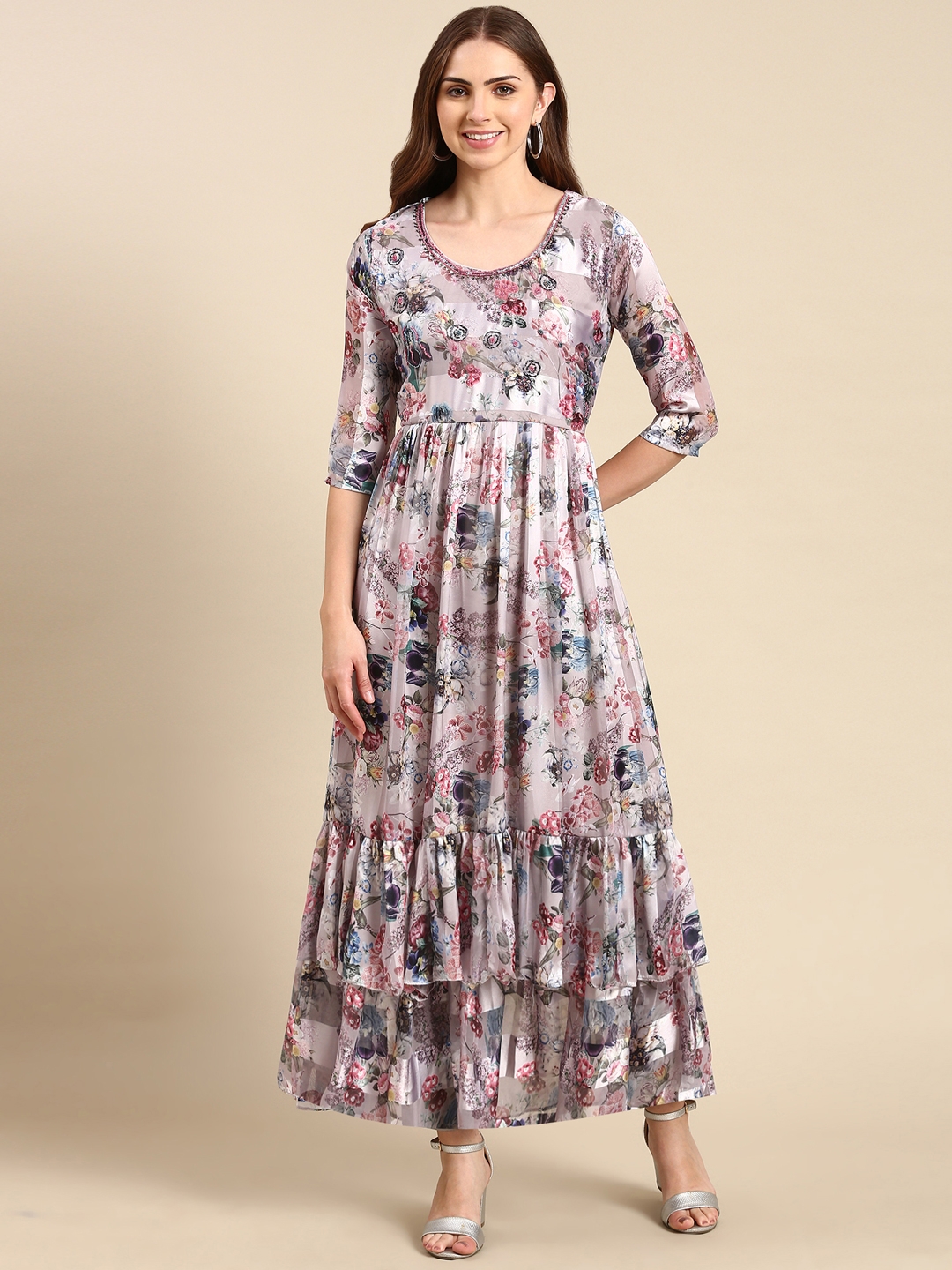 SHOWOFF Women's Printed Mauve Round Neck Maxi Dress