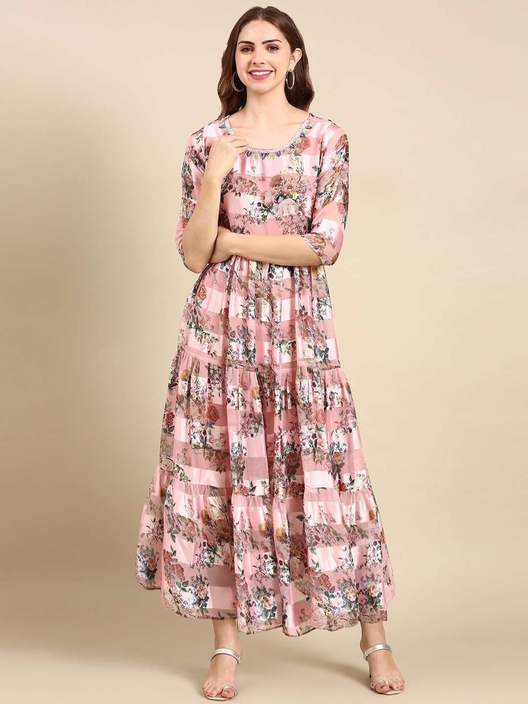 SHOWOFF Women's Printed Pink Round Neck Maxi Dress