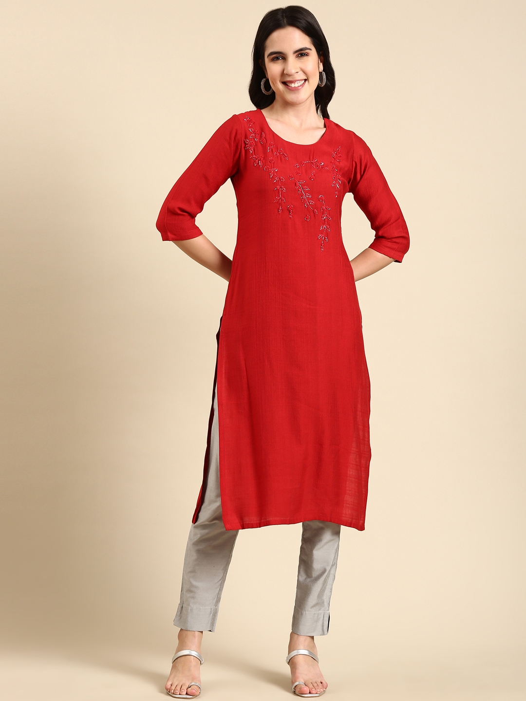 SHOWOFF Women's Calf Length Embellished Straight Red Kurta