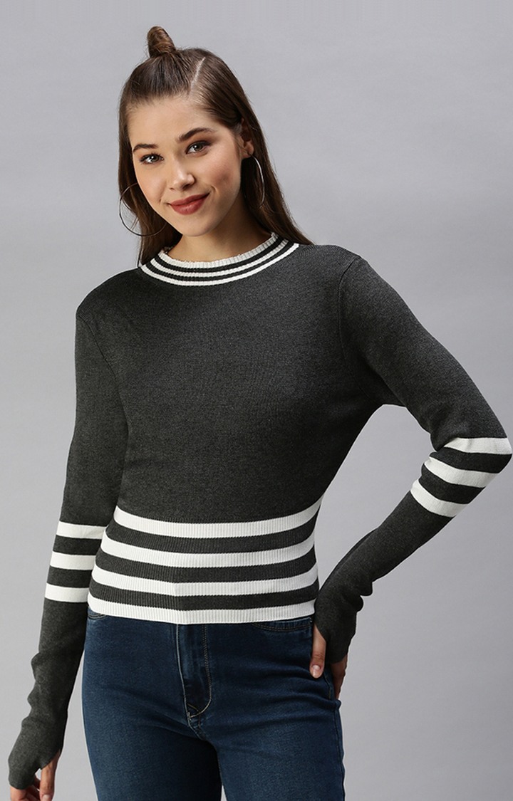 Women's Grey Cotton Blend Solid Tops