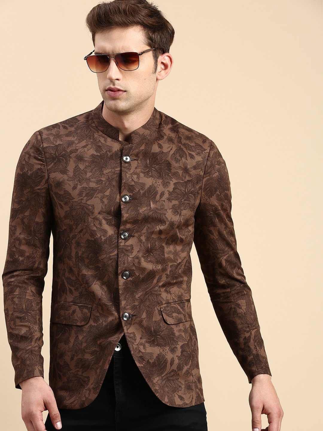 SHOWOFF Men's Printed Mandarin Collar Slim Fit Bandhgala Brown Blazer