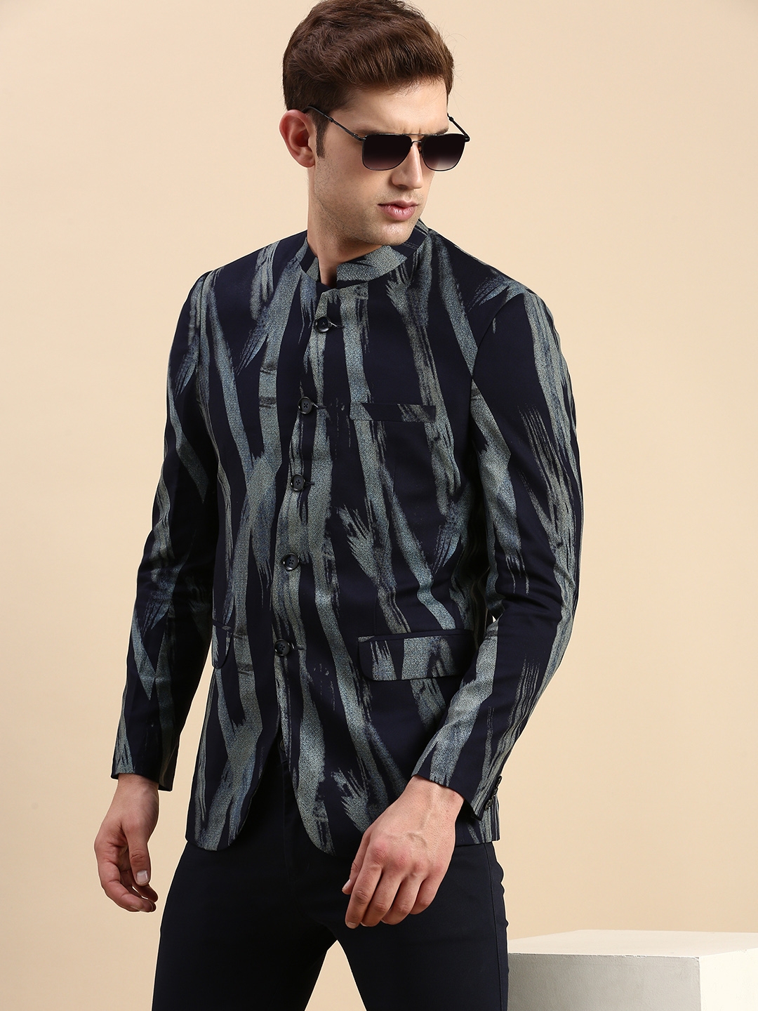 SHOWOFF Men's Printed Mandarin Collar Slim Fit Bandhgala Navy Blue Blazer