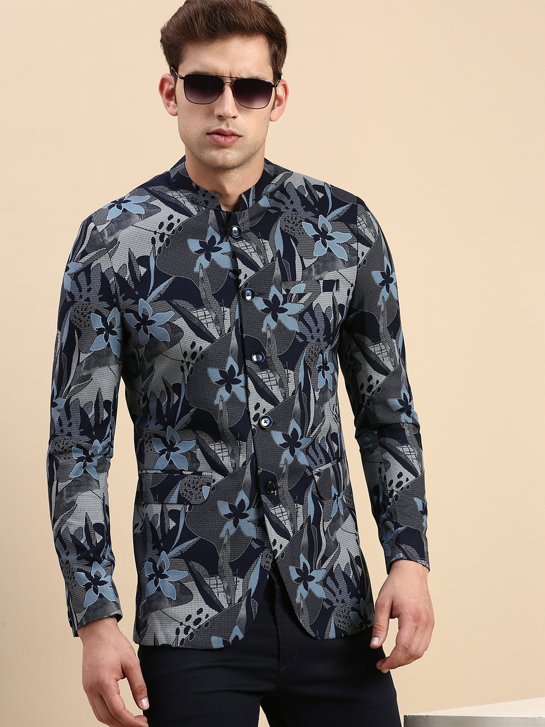 SHOWOFF Men's Printed Mandarin Collar Slim Fit Bandhgala Navy Blue Blazer