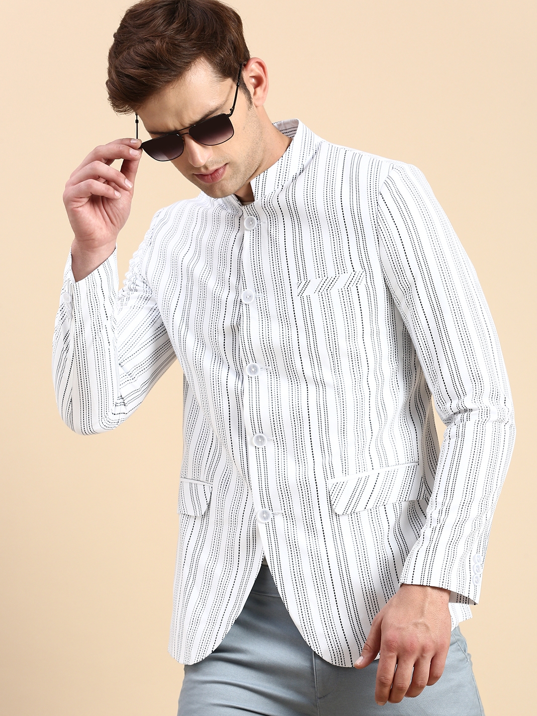 SHOWOFF Men's Striped Mandarin Collar Slim Fit Bandhgala White Blazer