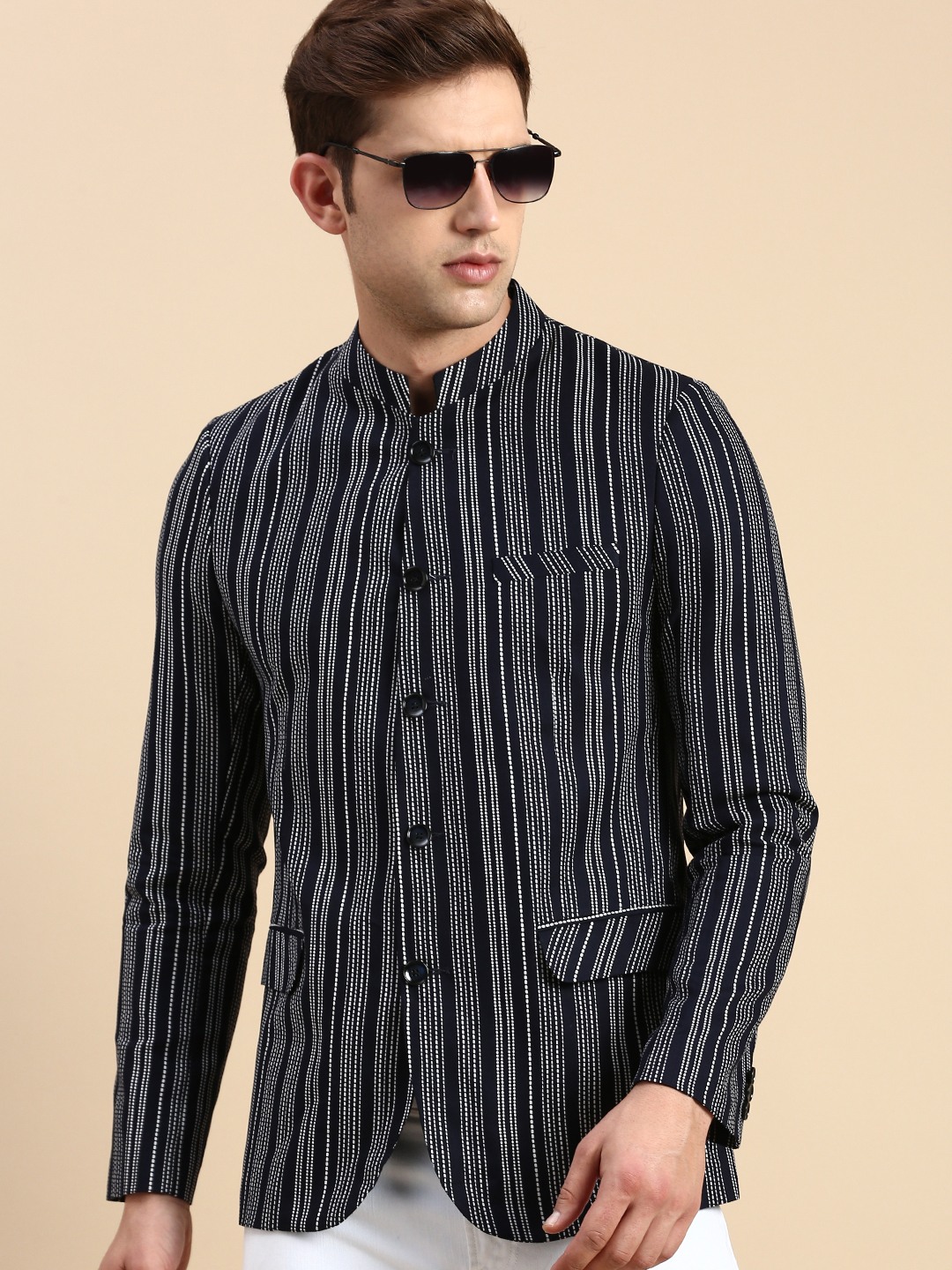 SHOWOFF Men's Striped Mandarin Collar Slim Fit Bandhgala Navy Blue Blazer