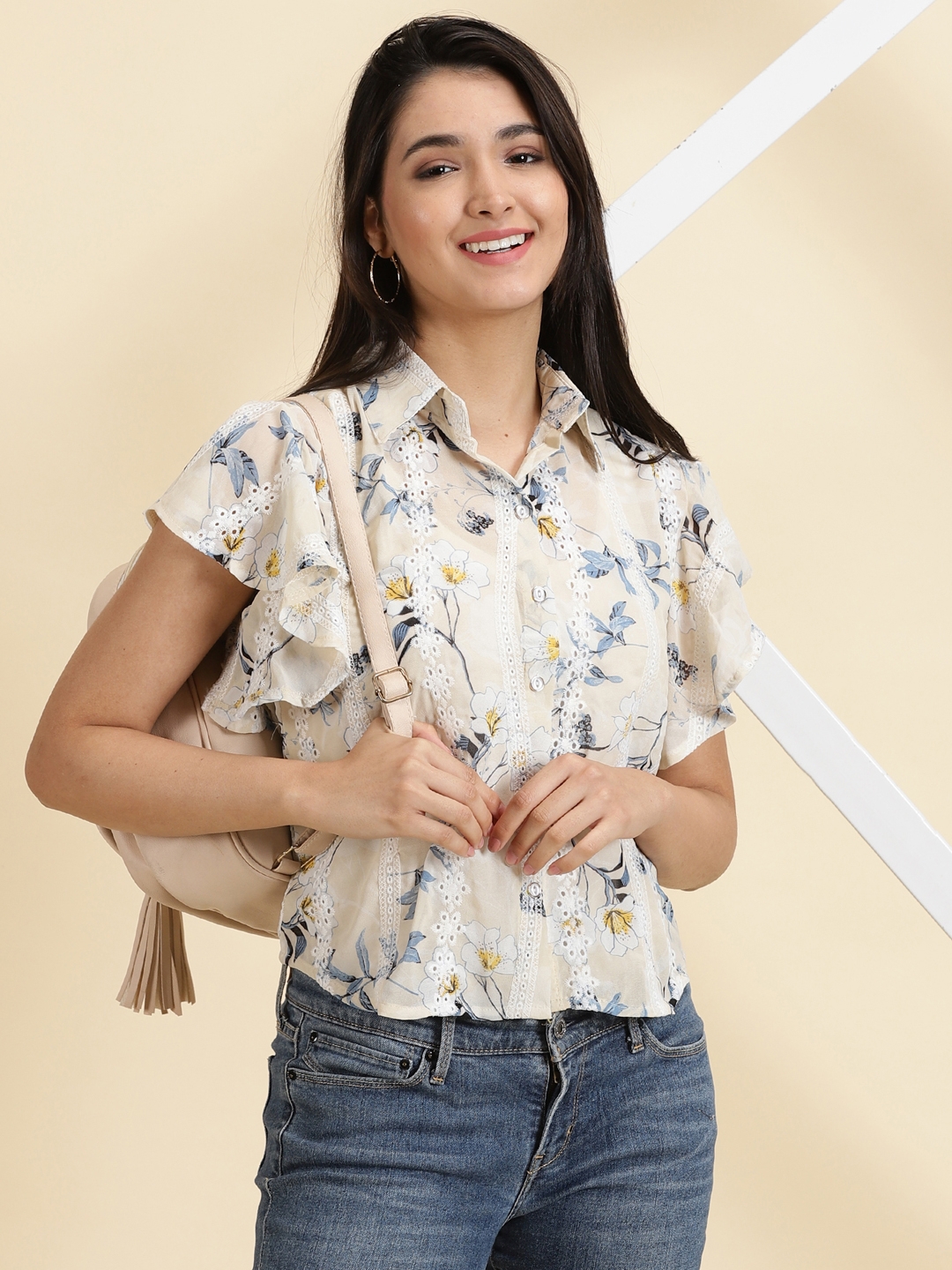 SHOWOFF Women's Printed Shirt Collar Cream Shirt Style Regular Top