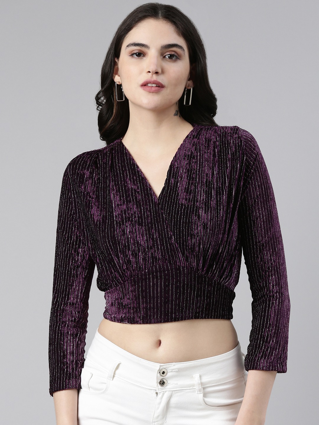 Showoff | SHOWOFF Women's V-Neck Regular Sleeves Self Design Cinched Waist Purple Crop Top