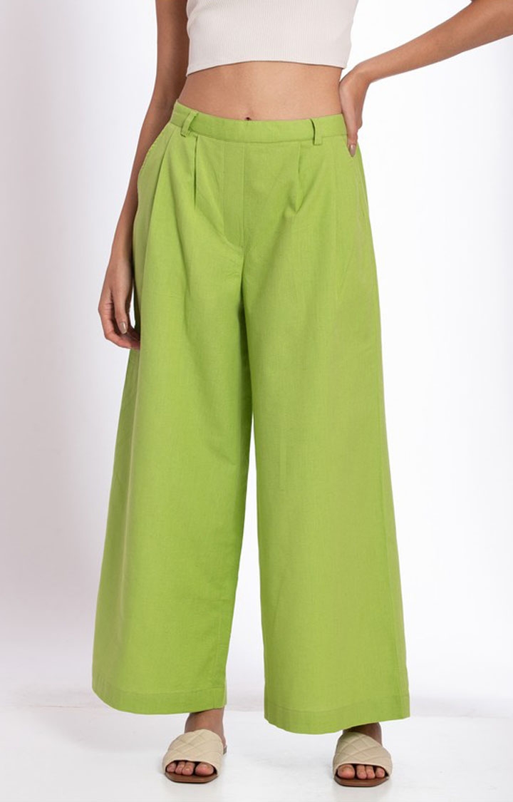 Palison | Women's Green Linen Solid Casual Pant