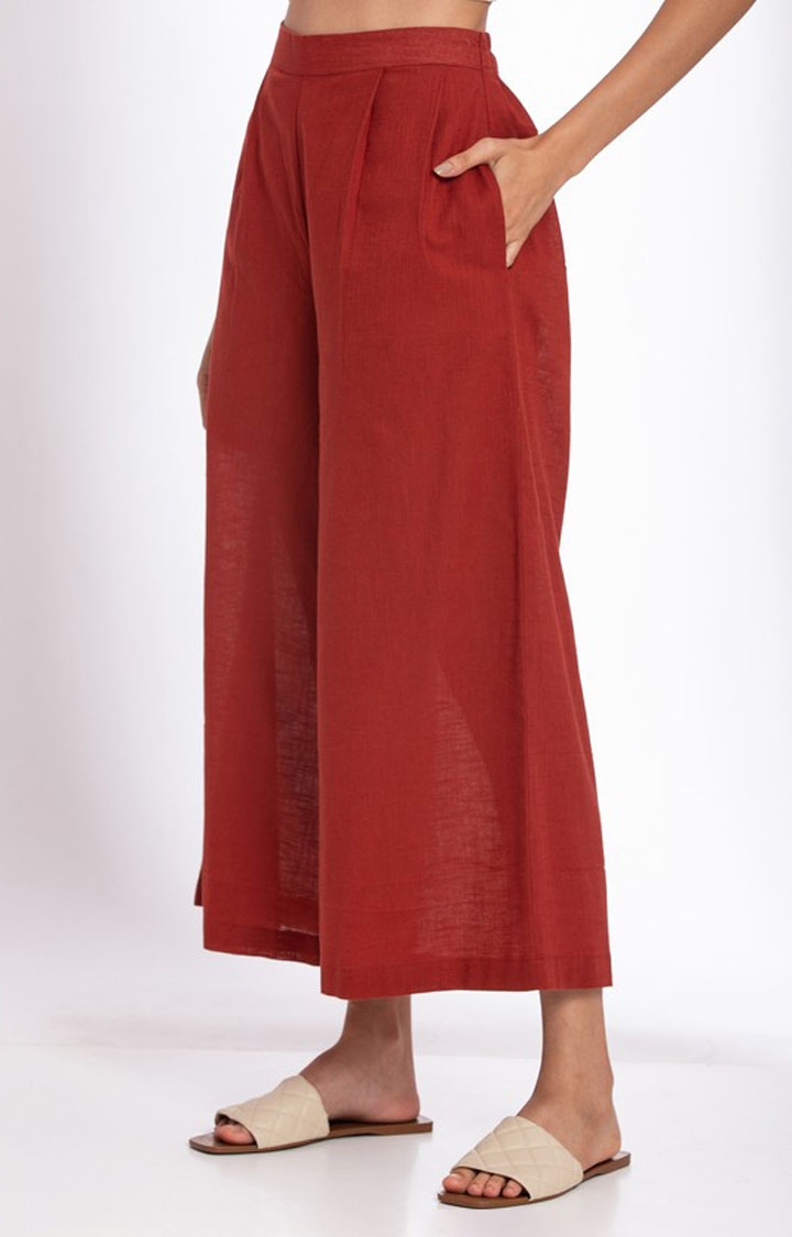 Palison | Women's Red Linen Solid Casual Pant