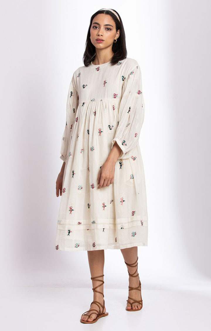 Palison | Women's White Cotton Printed Fit and Flare Dress