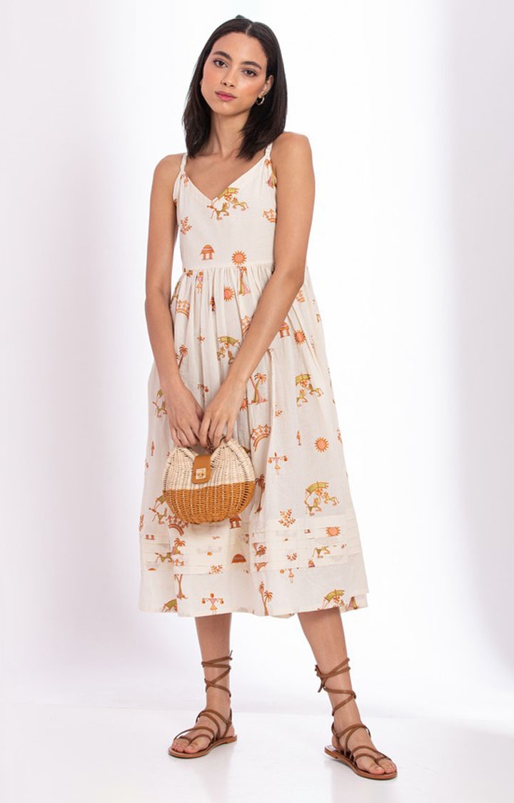 Palison | Women's White Cotton Printed Fit and Flare Dress