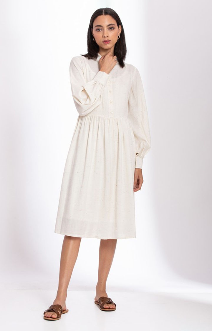 Palison | Women's White Cotton Solid Fit and Flare Dress