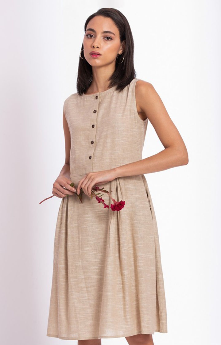 Palison | Women's Brown Cotton Melange Textured Fit and Flare Dress