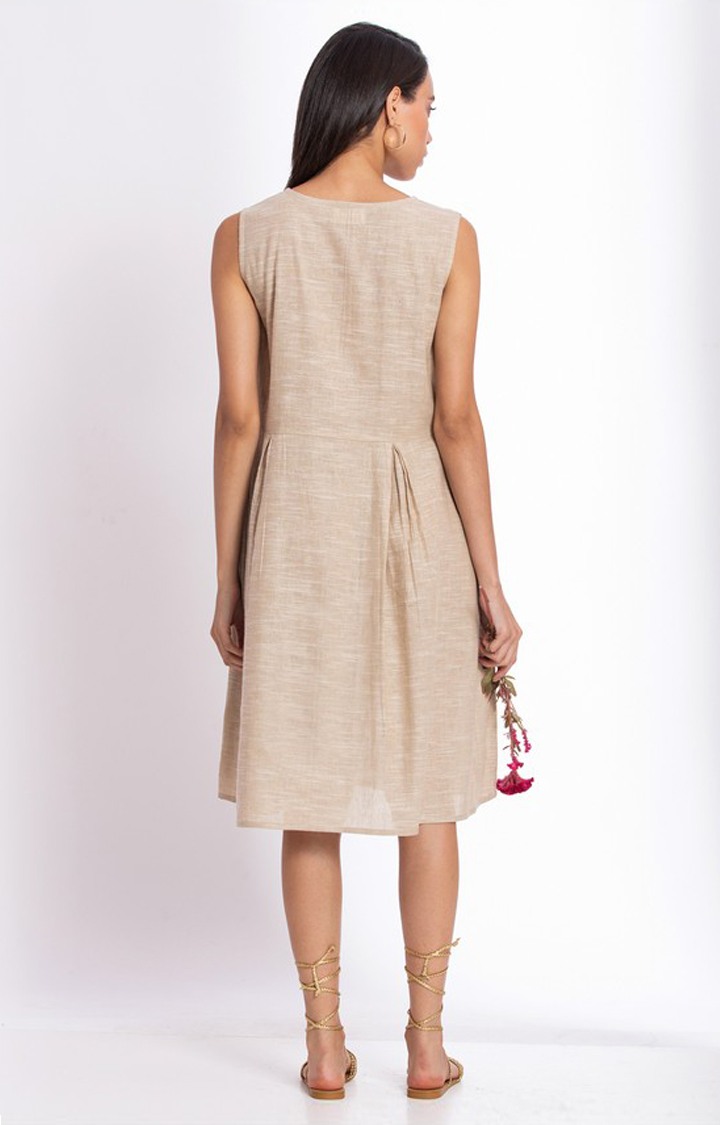 Women's Brown Cotton Melange Textured Fit and Flare Dress