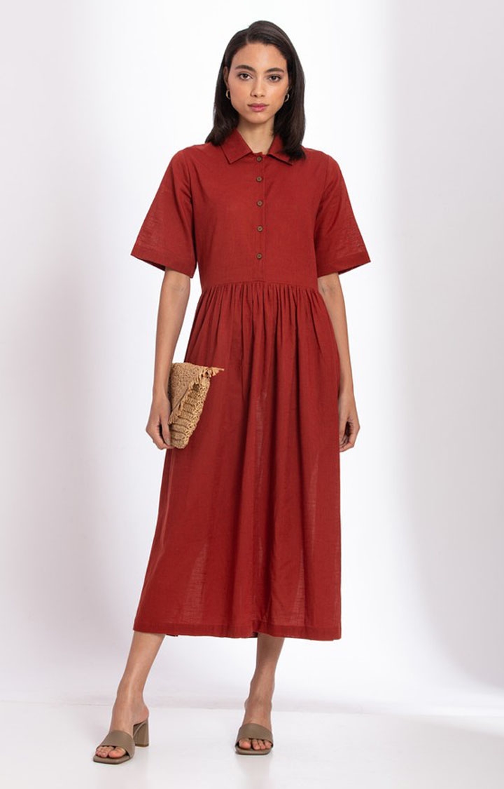 Palison | Women's Red Linen Solid Fit and Flare Dress