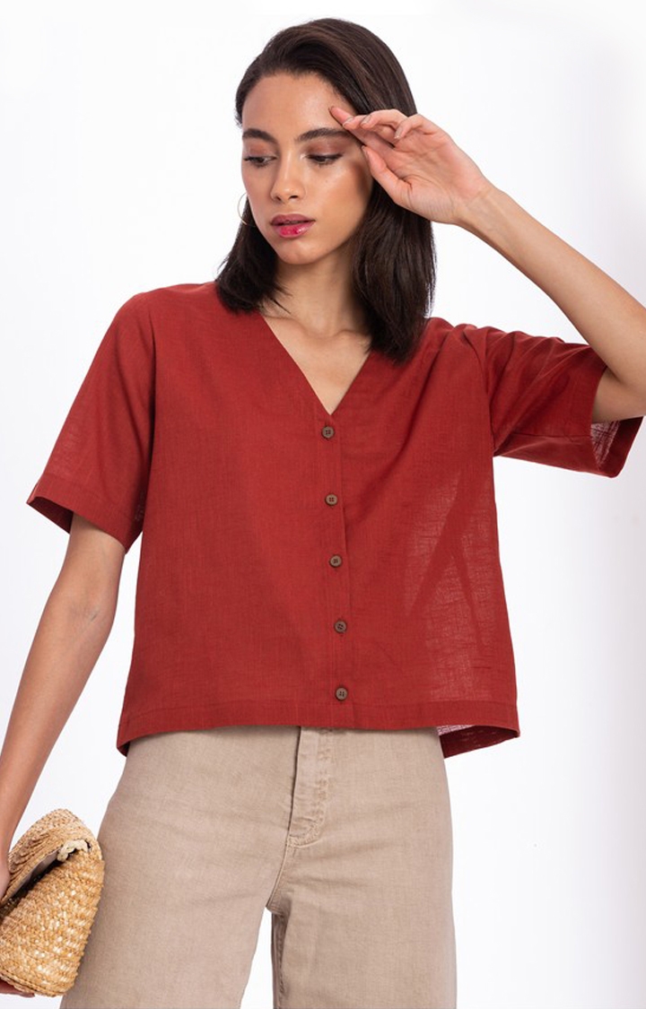 Palison | Women's Red Linen Solid Crop Shirt