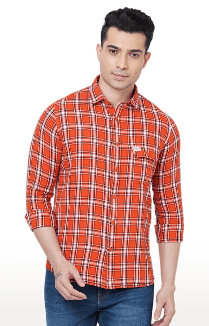 Men's Orange Cotton Checked Casual Shirt