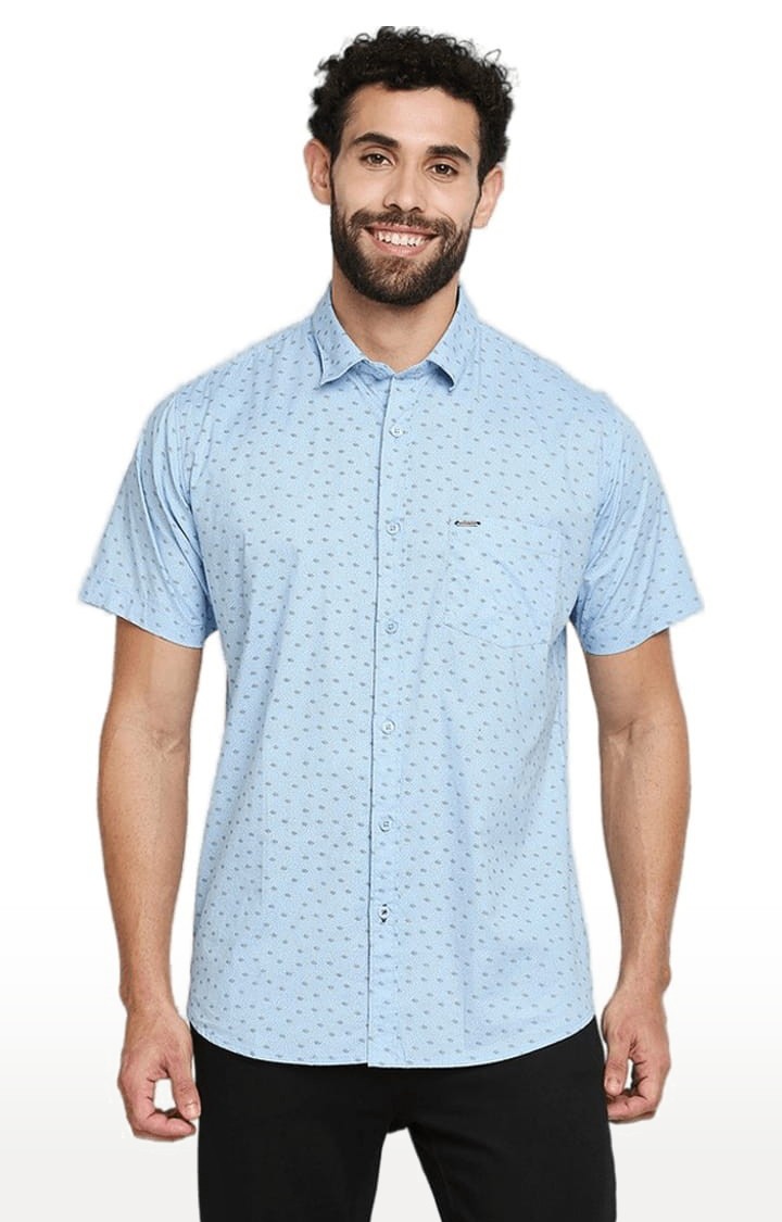 SOLEMIO | Men's Blue Cotton Printed Casual Shirt