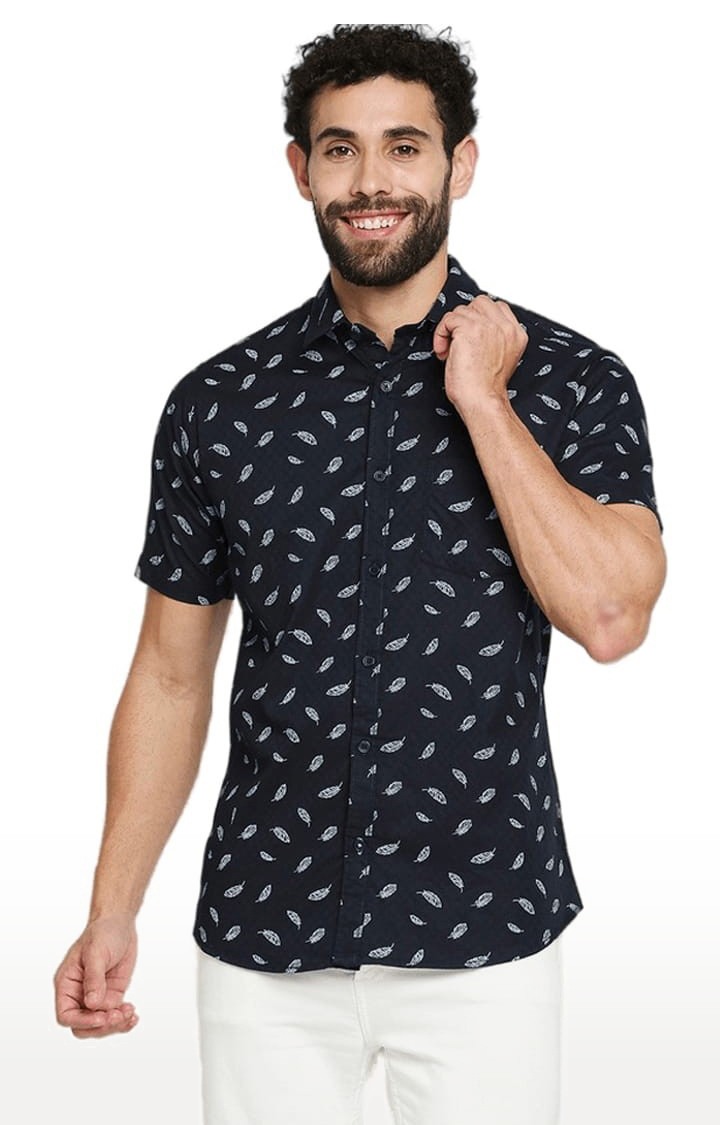 SOLEMIO | Men's Blue Cotton Printed Casual Shirt