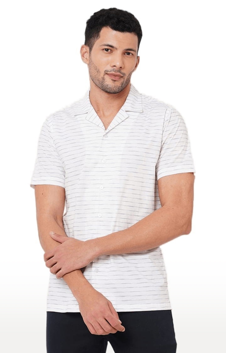 SOLEMIO | Men's White Cotton Striped Casual Shirt