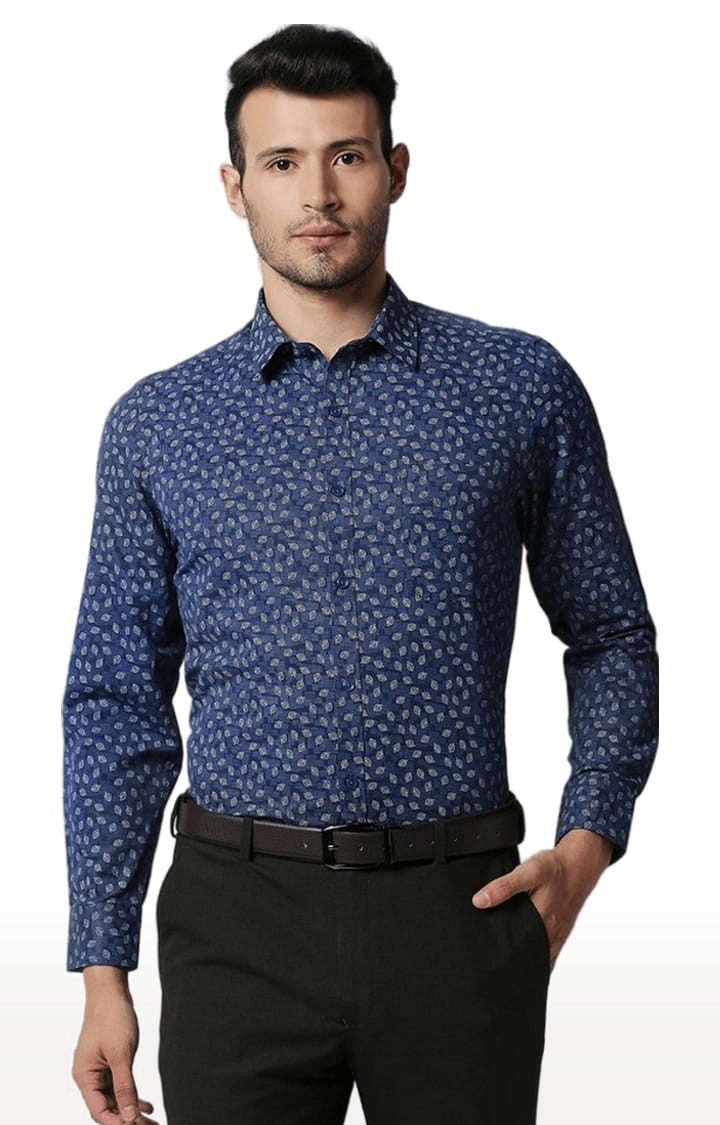 SOLEMIO | Men's Blue Cotton Printed Formal Shirt