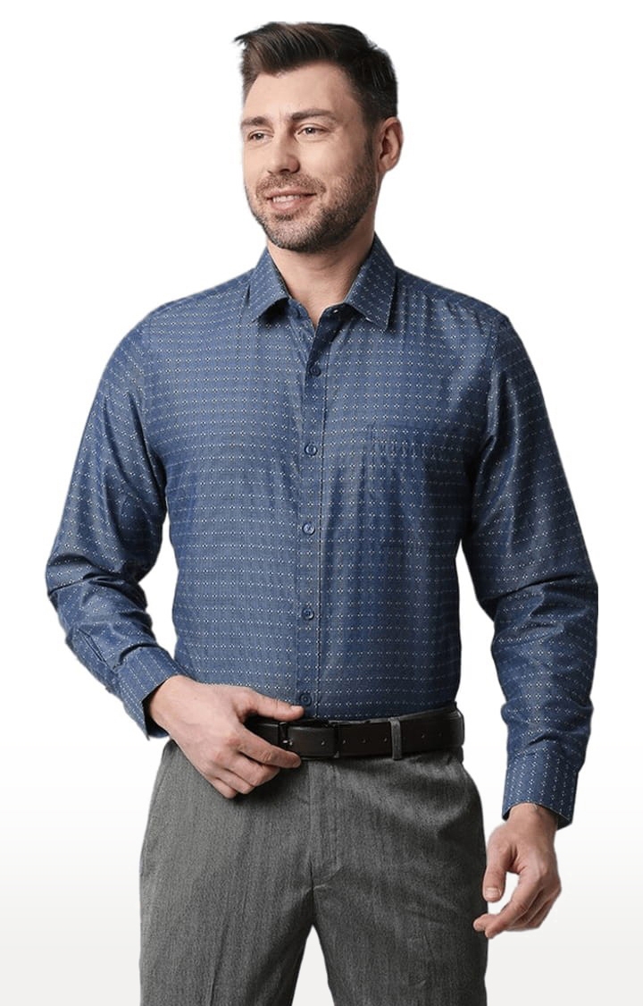 SOLEMIO | Men's Blue Cotton Printed Formal Shirt