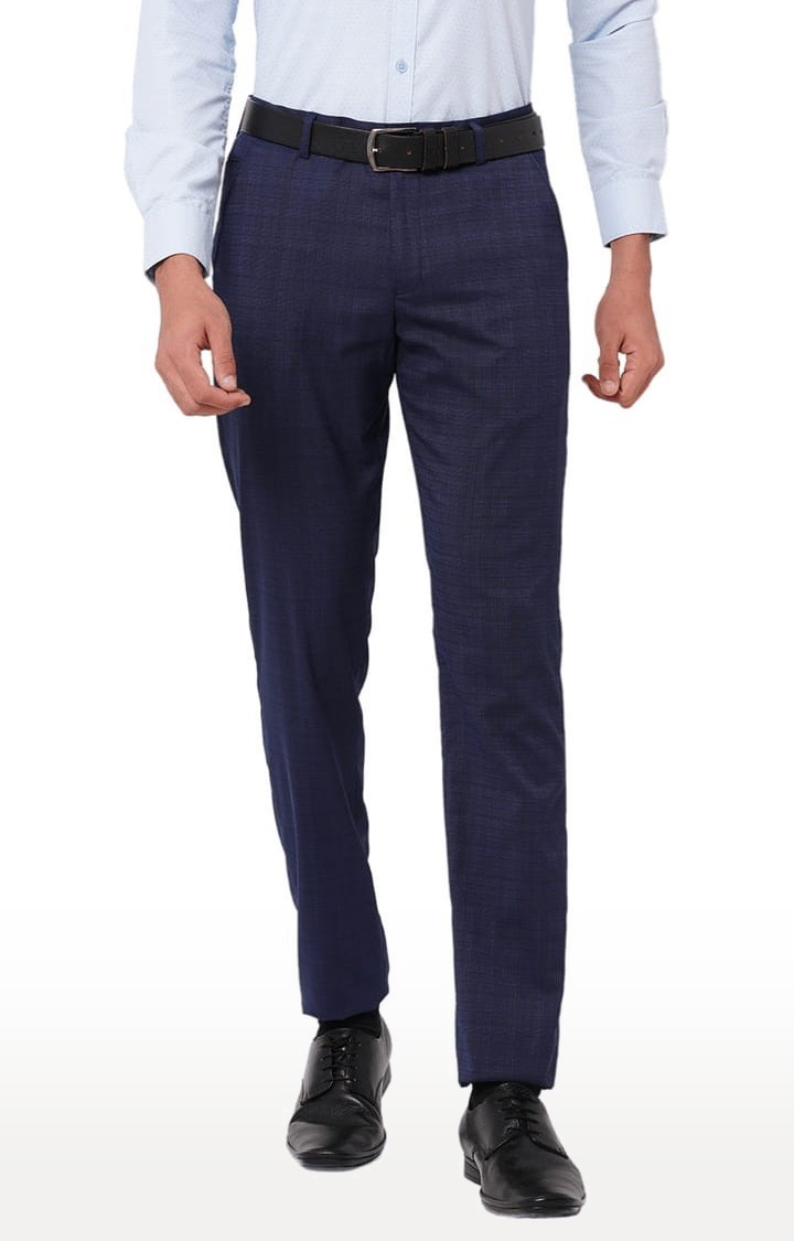 SOLEMIO | Men's Blue Polyester Checked Formal Trousers