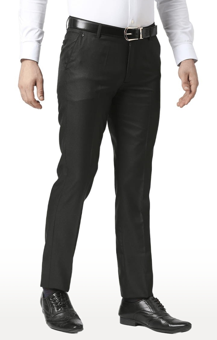 Men's Black Polyester Solid Flat Front Formal Trousers