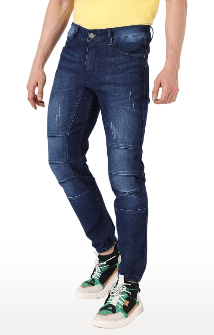 Men's Classic Blue Dark-Washed Regular Fit Joggers Jeans