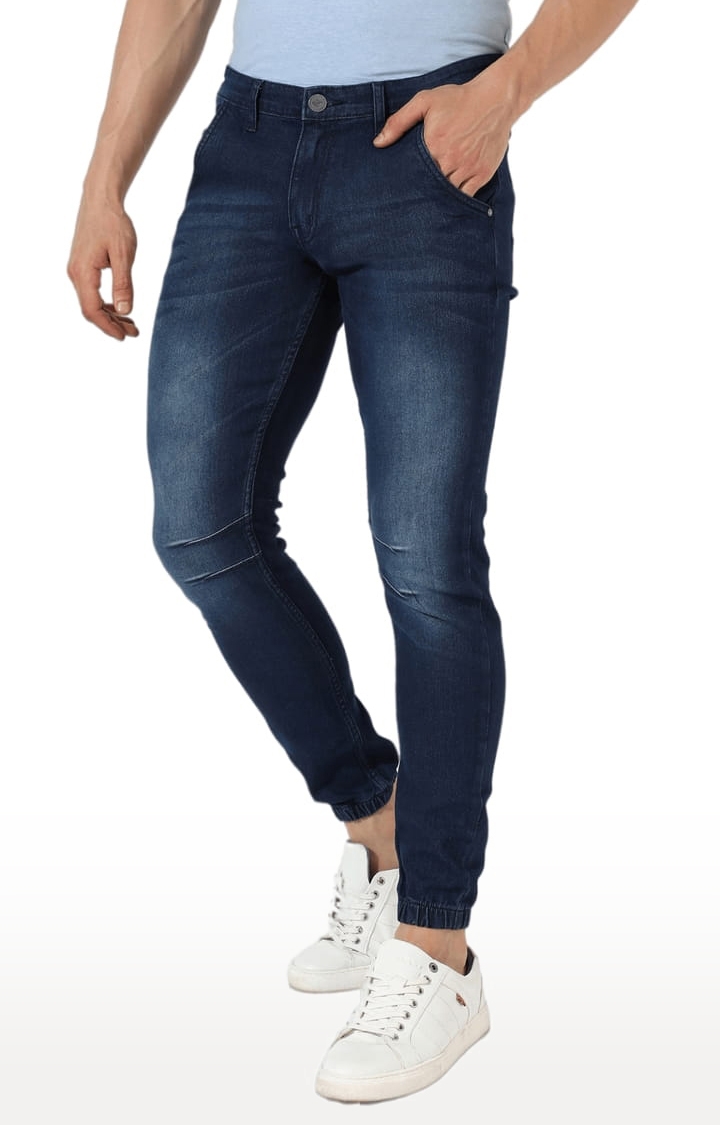CAMPUS SUTRA | Men's Classic Blue Dark-Washed Regular Fit Joggers Jeans