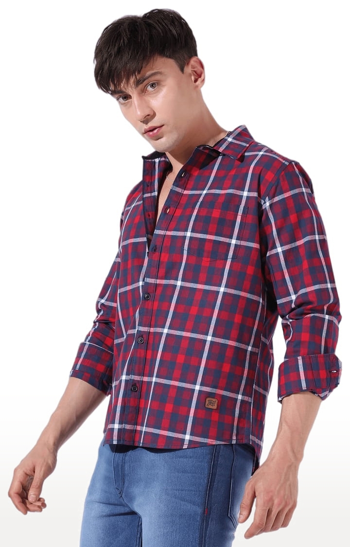 Men's Red Cotton Checkered Casual Shirt