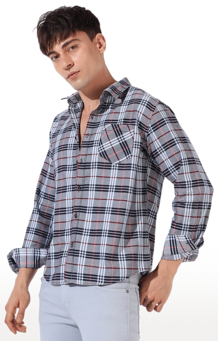 Men's Grey Cotton Checkered Casual Shirt