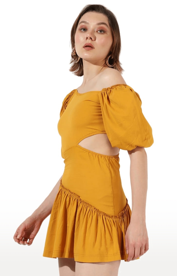 Women's Yellow Pure Cotton Solid Tiered Dress