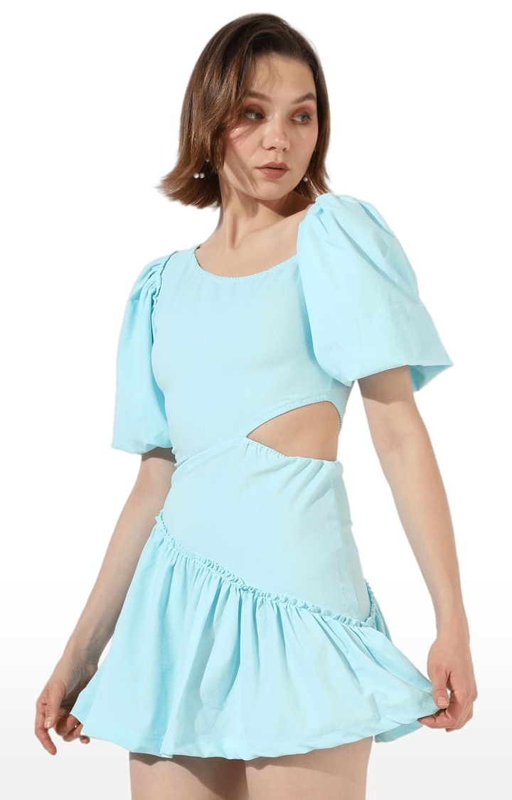 Women's Light Blue Pure Cotton Solid Tiered Dress