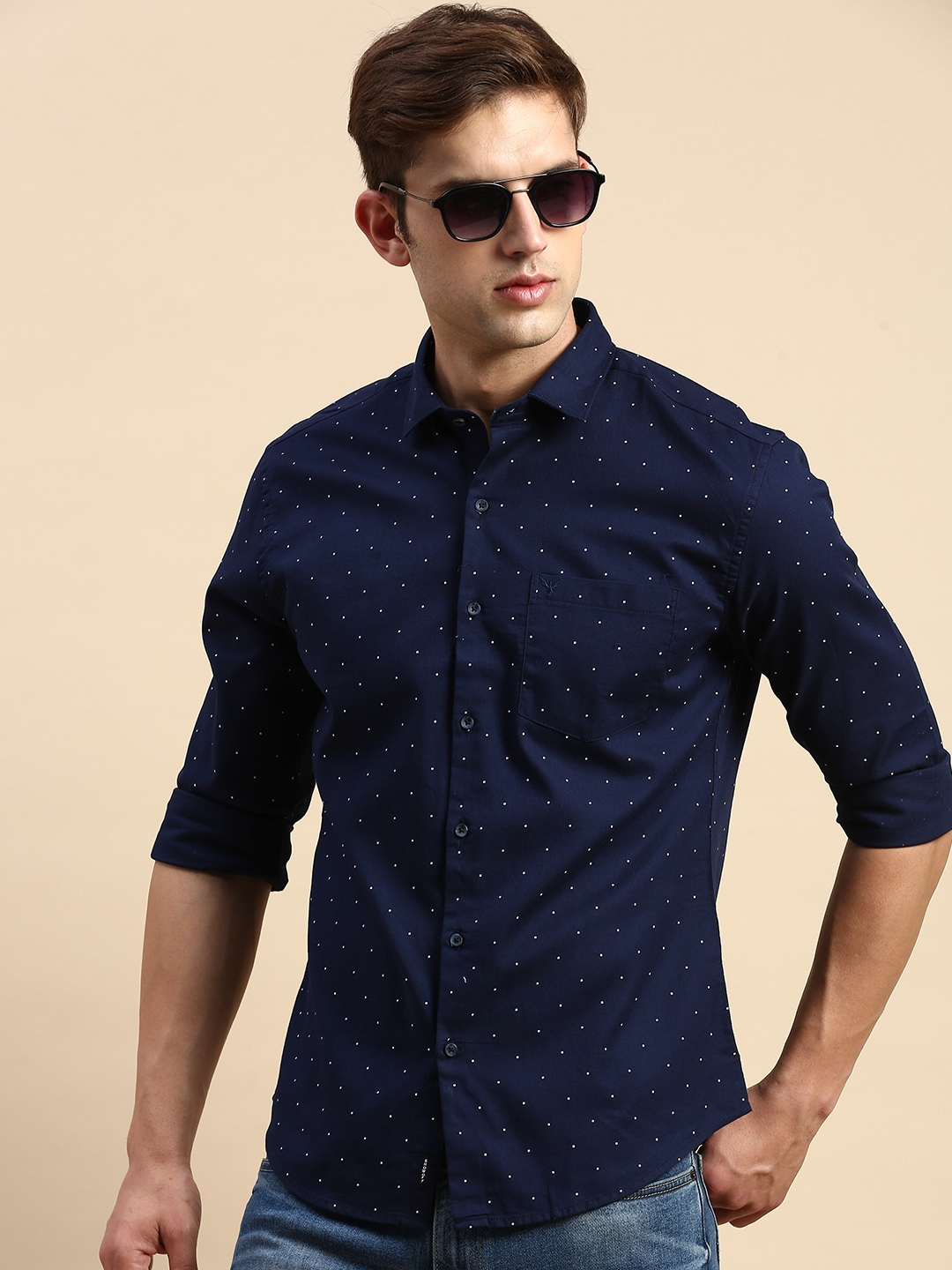 Showoff | SHOWOFF Men's Spread Collar Printed Navy Blue Regular Fit Shirt