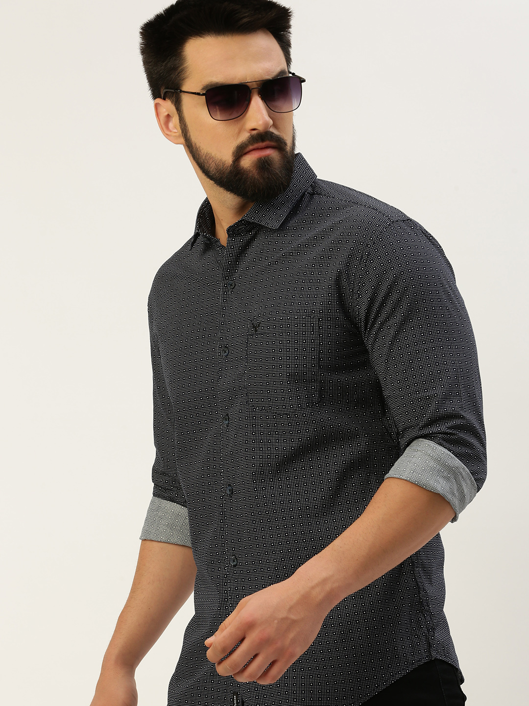 Showoff | SHOWOFF Men's Spread Collar Printed Navy Blue Regular Fit Shirt