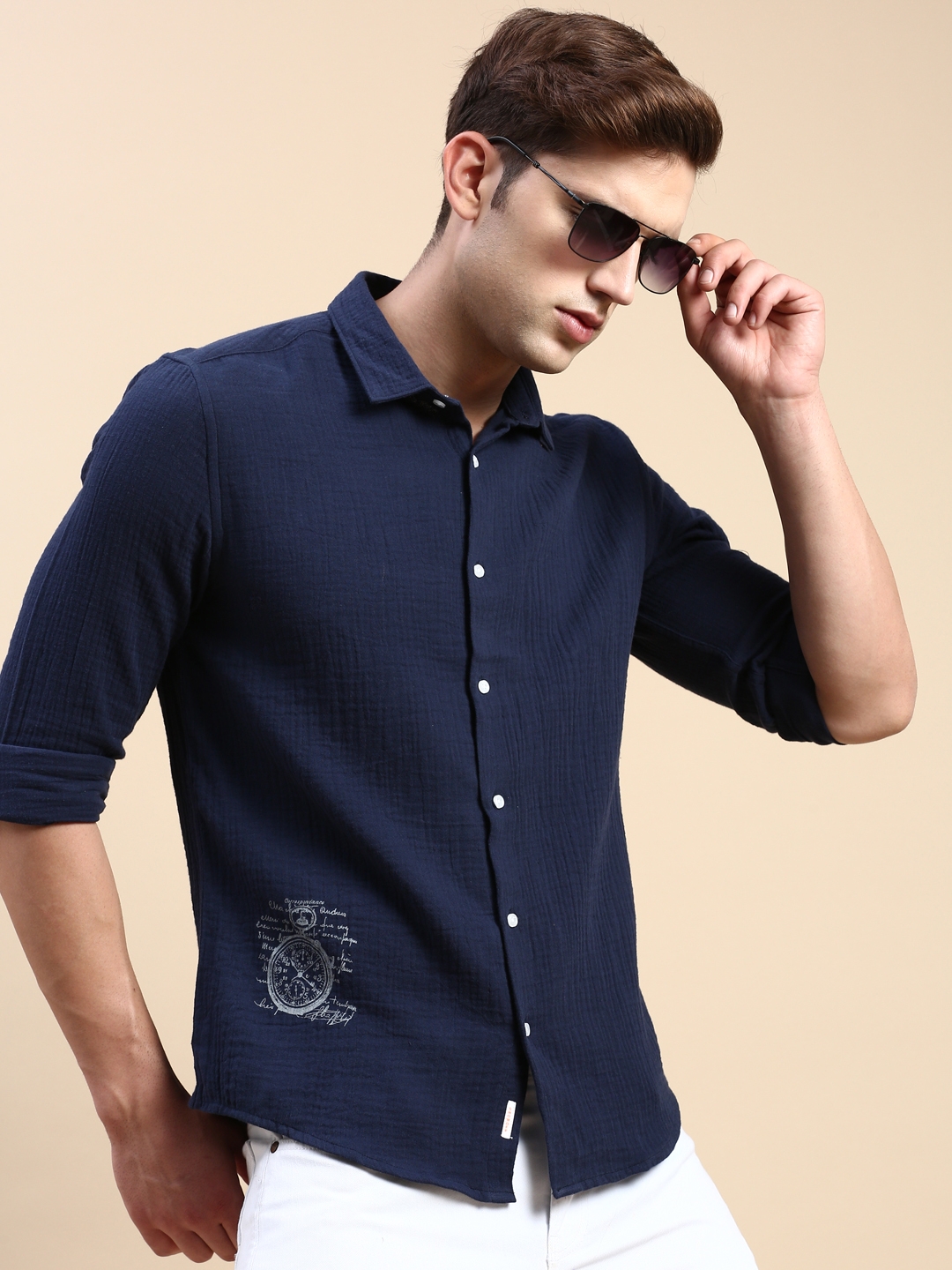 SHOWOFF Men's Spread Collar Navy Blue Slim Fit Solid Shirt