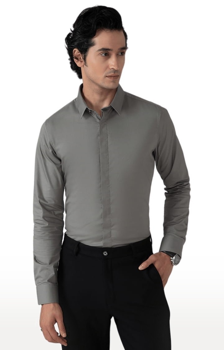 (SUBTRACT) | Men's Cotton Satin Formal Shirt in Ash Grey Slim Fit