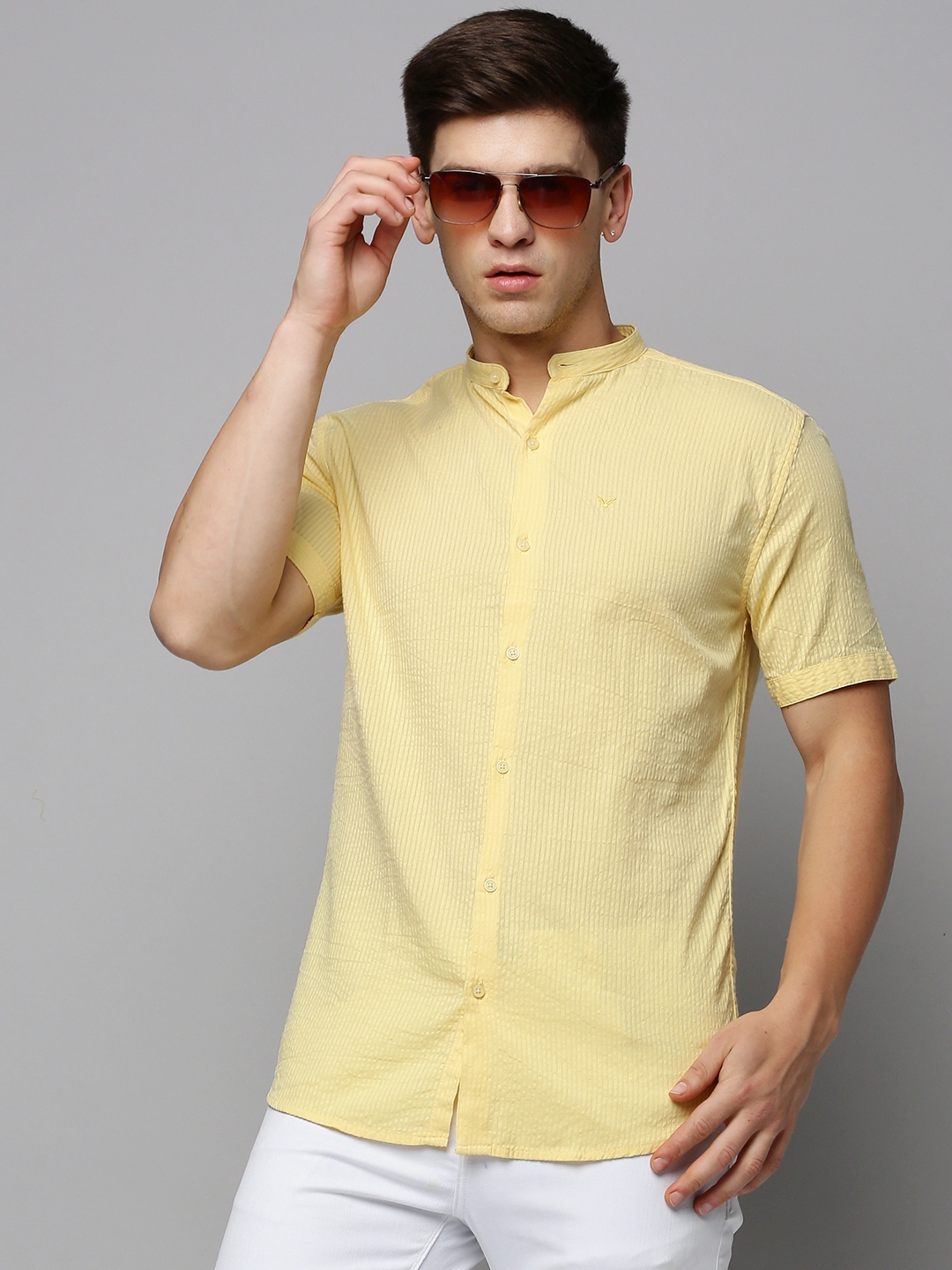 SHOWOFF Men's Mandarin Collar Short Sleeves Self Design Yellow Shirt