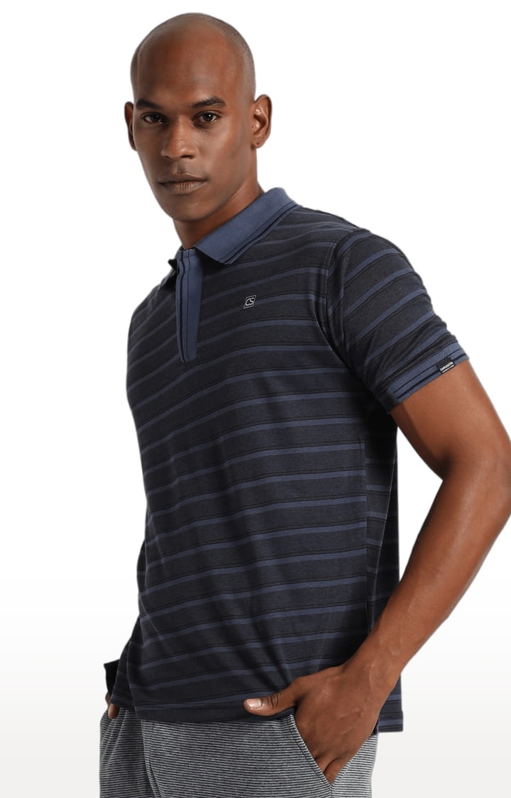 Men's Grey Cotton Striped Polo T-Shirt