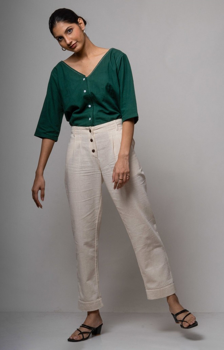 Women's Beige Cotton Solid Trouser