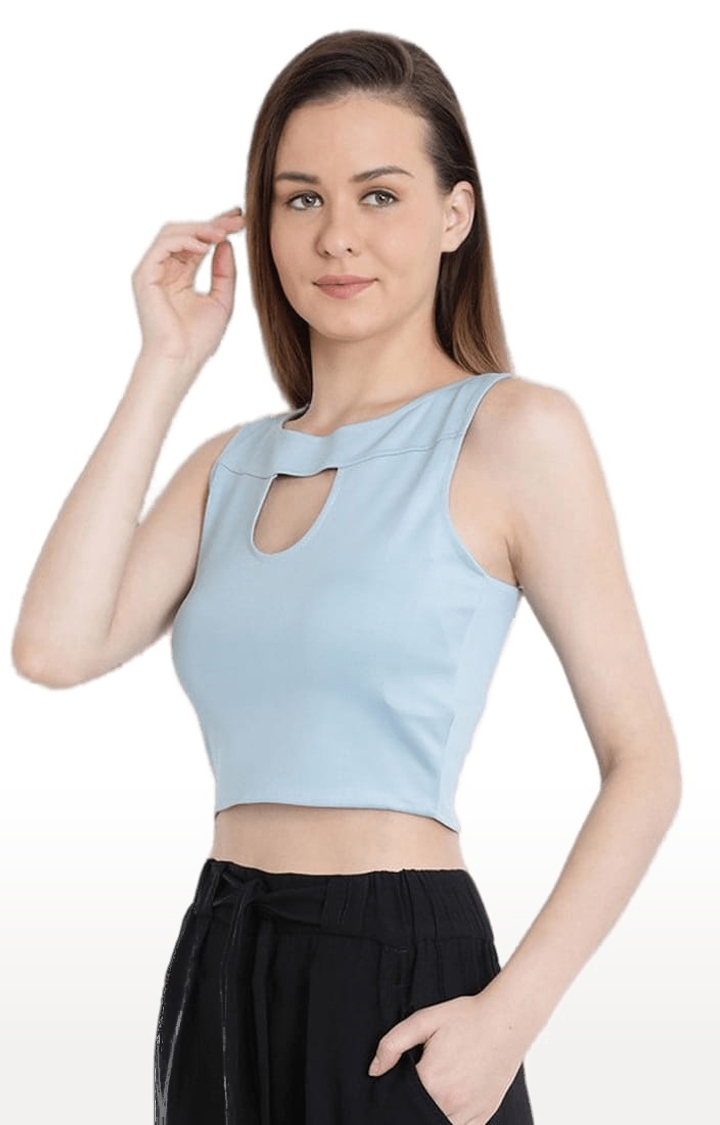 Women's Turquoise Polyester Solid Crop Top