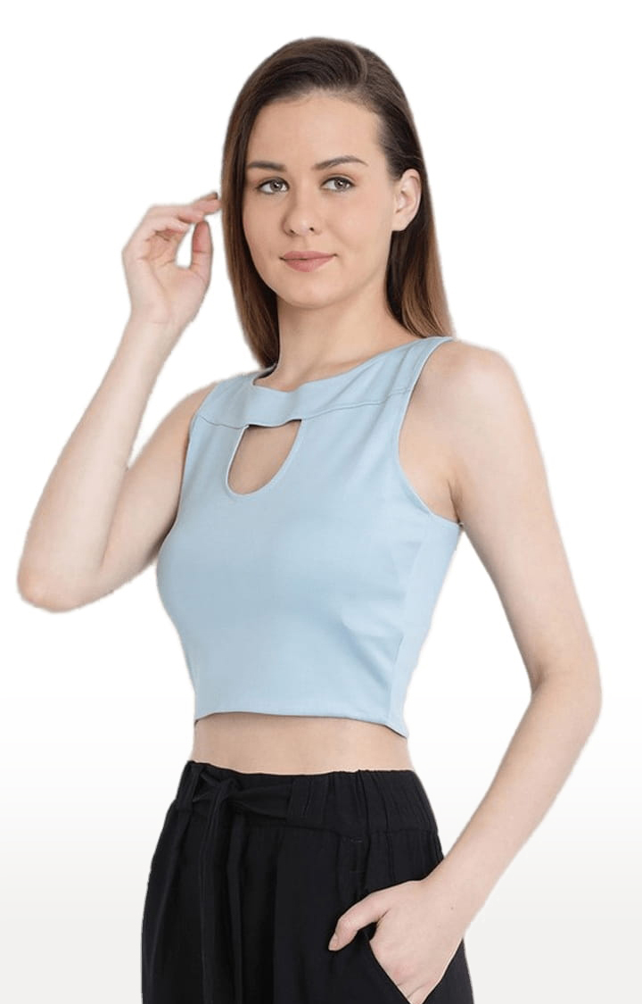 Women's Turquoise Polyester Solid Crop Top