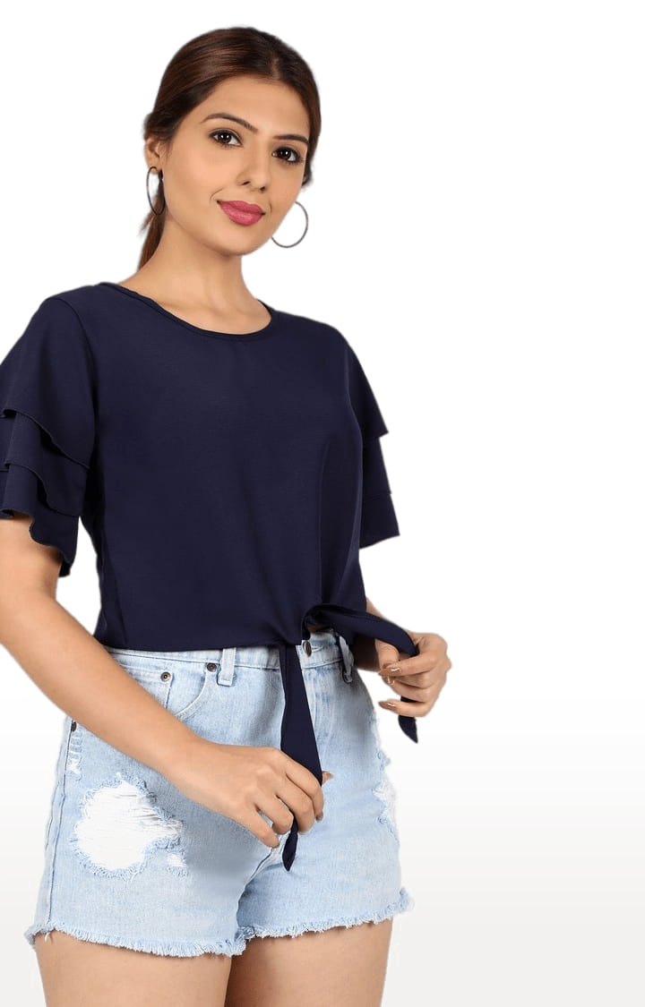 Women's Navy Polyester Solid Top