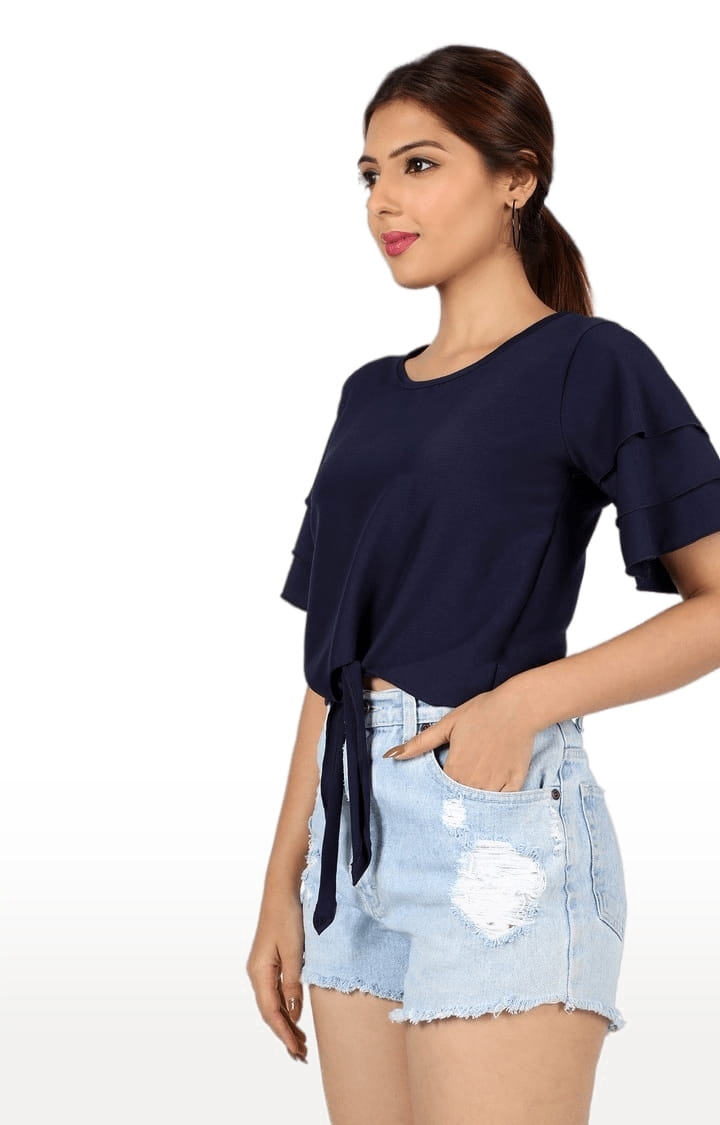 Women's Navy Polyester Solid Top