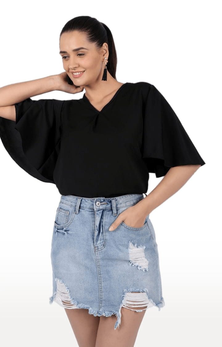 Women's Black Polyester Solid Top