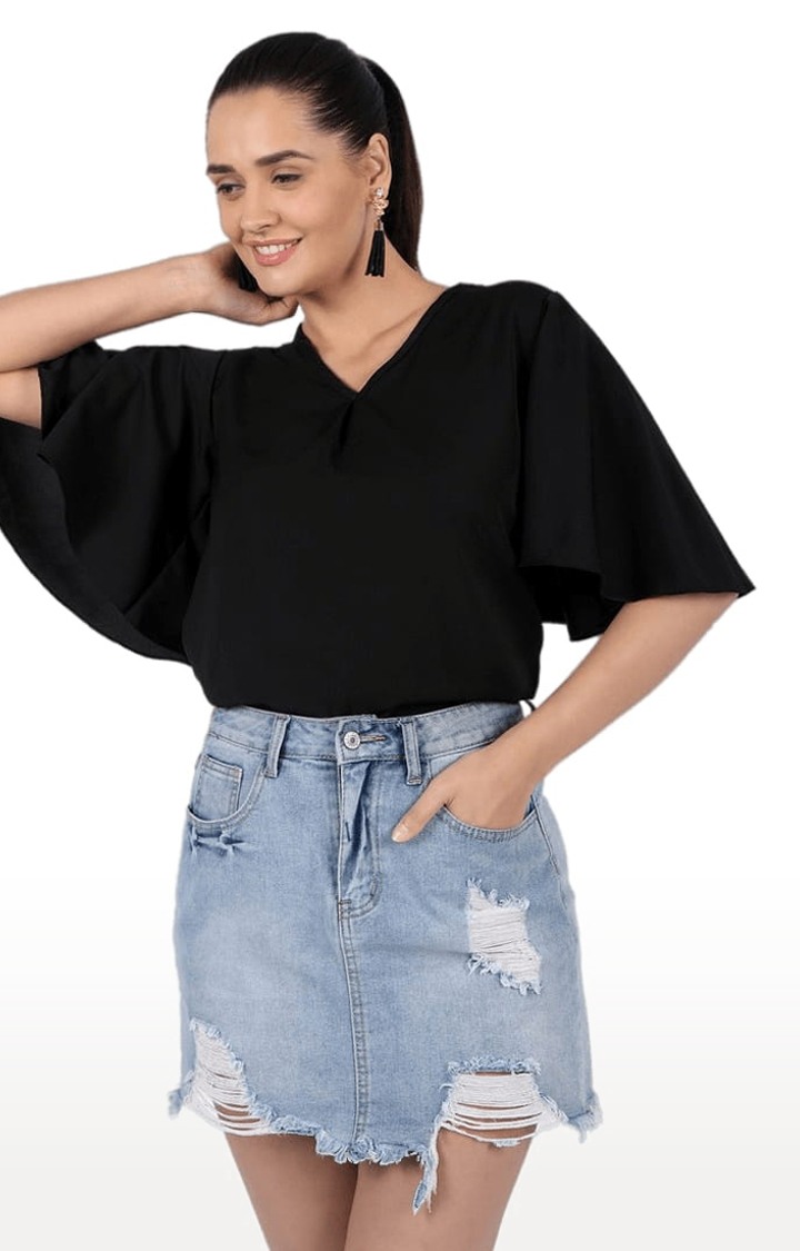 Women's Black Polyester Solid Top